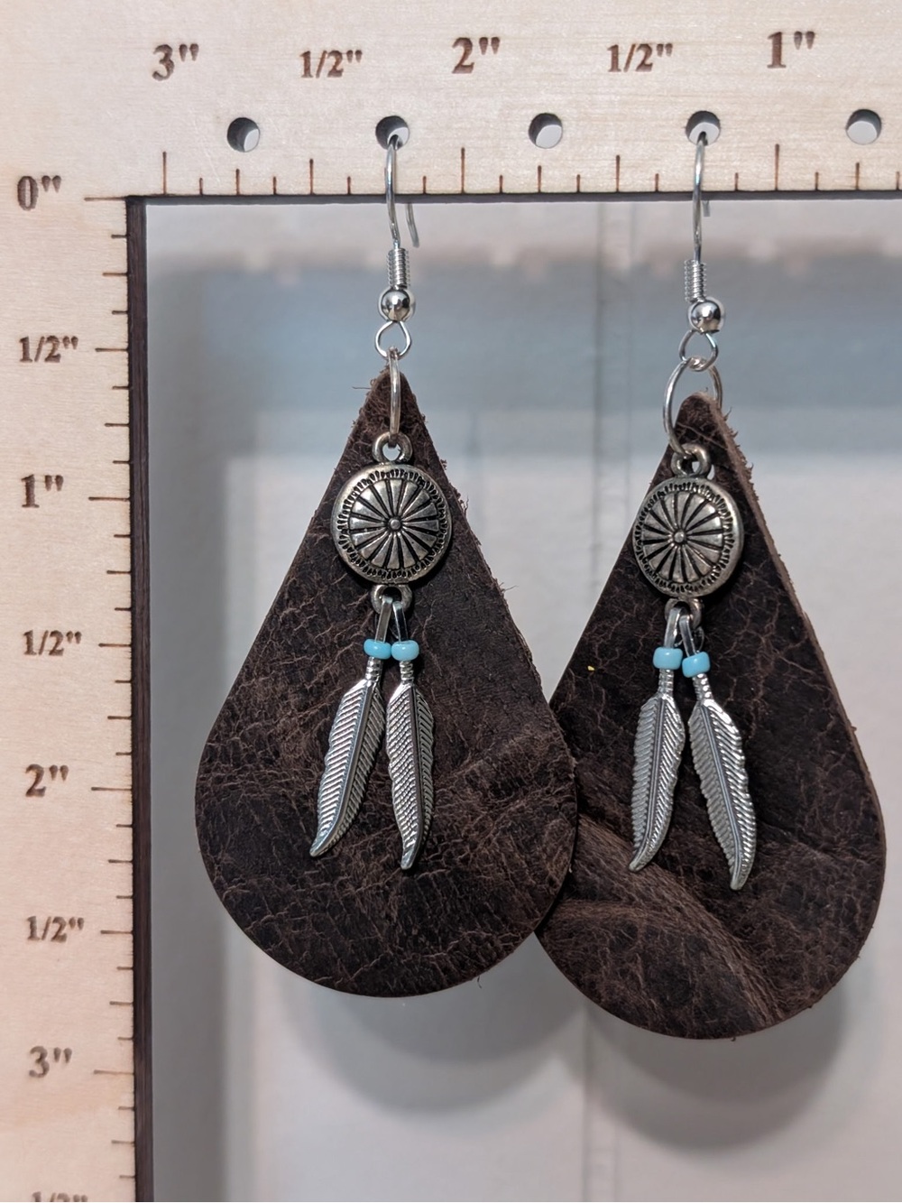 Brown Leather Teardrop Feather Dangle Earrings - Unbranded Handmade